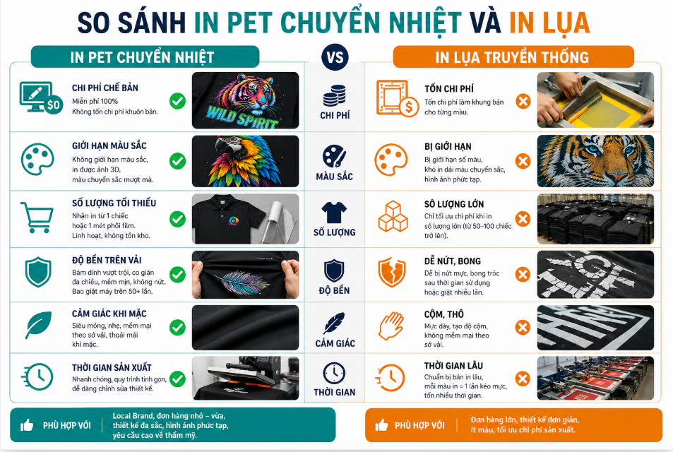So Sánh In PET Chuyển Nhiệt Và In Lụa: Kỹ Thuật Nào Tốt Hơn?
